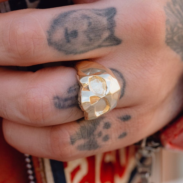 Gold Skull Ring 14k Skull Signet Ring Solid Skull Signet 14k Gold Biker Ring 18k Solid Gold Skull Signet For Man