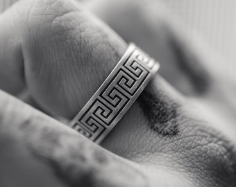 Oxidized Sterling Silver Greek Key Ring, Mens Heritage Wedding Band
