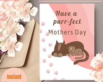 Printable Mother's Day Card, Instant Digital Download, Cute Happy Mothers Day Card, Cute Cat Mothers Day Card