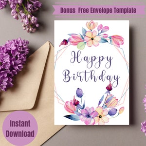 Printable Happy Birthday Card, Floral Birthday Card, Flower birthday Card, Instant Digital Download, Greeting Card for Mom Mum Aunt Grandma