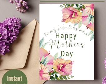 Printable Mother's Day Card, Instant Digital Download, Happy Mothers Day, Floral watercolor card