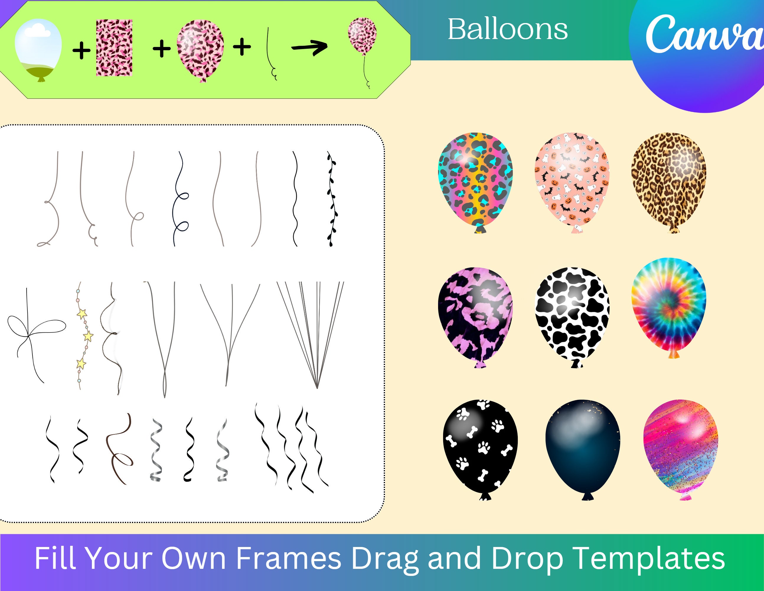 Balloon Canva Frames, 9 Designs & Tails, Commercial and Personal, Custom Fillable Silhouettes, Drag and Drop, Editable, Add Your Own Picture