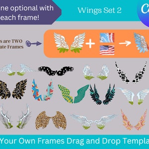 May include: A set of 12 digital wing templates for use in graphic design. The wings are in various styles and colors, including white, black, leopard print, and a mosaic pattern. The text "Wings Set 2" is at the top of the image. The text "Fill Your Own Frames Drag and Drop Templates" is at the bottom of the image.
