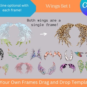 May include: A set of 10 wing templates for digital design. The wings are in various styles, including angel wings, bat wings, and butterfly wings. The wings are outlined in black and can be filled with any color or pattern. The text "Wings Set 1" and "Fill Your Own Frames Drag and Drop Templates" is included in the image.