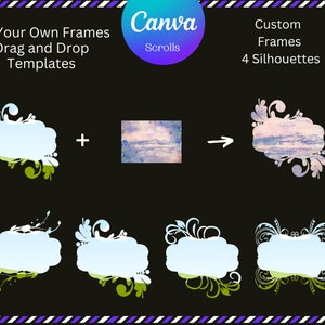 May include: Four customizable floral frames with a blue and green watercolor background. The frames are perfect for adding a touch of elegance to your designs. Canva Scrolls.