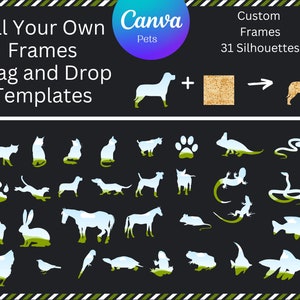 Può includere: Un'illustrazione digitale di 31 silhouette di animali, tra cui un gatto, un cane, un coniglio, un cavallo, un uccello, una tartaruga, una rana, un pesce, una lucertola, un serpente e un'impronta di zampa. Le silhouette sono riempite con un motivo blu chiaro e verde, che ricorda una scena di cielo e erba. Il testo "Fill Your Own Frames" e "Drag and Drop Templates" è nella parte superiore dell'immagine. Il testo "Canva Pets" è in un cerchio viola nella parte superiore destra dell'immagine. Il testo "Custom Frames" e "31 Silhouettes" è nella parte superiore destra dell'immagine.