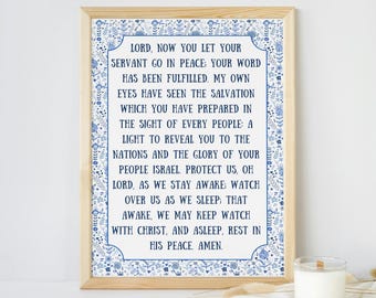 Canticle of Simeon Print: Night Prayer Quote, Blue Floral Border (Digital Download)
