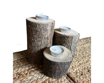 Set of 3 Natural tea light candle holders/ Rustic candle holder/ Homemade wood candle holders
