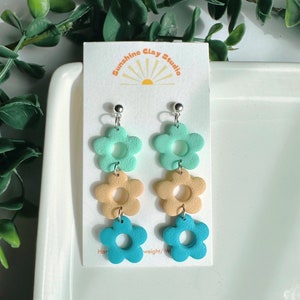 Flower Earrings /Blue & Green Flower Earrings/Retro Earrings/Polymer Clay Earrings/Statement Earrings/Dangle Earrings