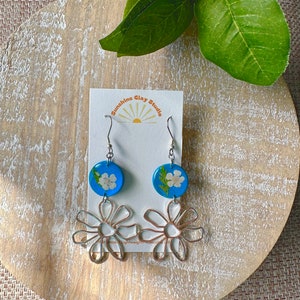 Pressed Flower Earrings /Blue Flower Earrings/Floral Earrings/Polymer Clay Earrings/Statement Earrings/Dangle Earrings