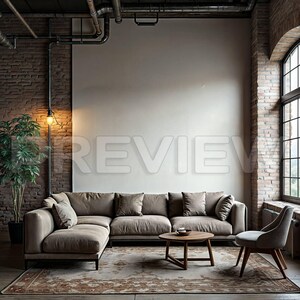 May include: A large, light brown sectional sofa with a chaise lounge sits in a loft-style living room with exposed brick walls and a large window. A small wooden coffee table sits in front of the sofa, and a brown armchair sits to the right of the sofa.