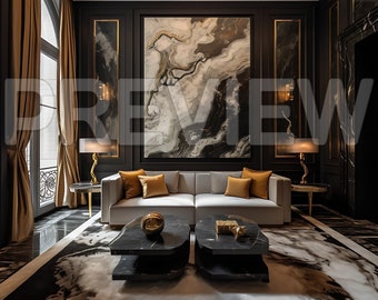 Könnte beinhalten: Ein weißes Sofa mit goldenen Kissen steht in einem modernen Wohnzimmer mit schwarzen Wänden und einem großen abstrakten Gemälde. Zwei schwarze Marmor-Couchtische mit goldenen Akzenten stehen vor dem Sofa.