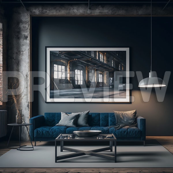 10 Industrial Style Blue Living Room Frame Mock Ups / Modern Mock Up / Frame Mock up Bundle / Interior Stock Photo / Template Frame Art /PSD