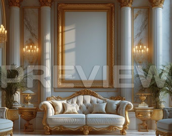 Könnte beinhalten: Ein weißes Sofa mit goldenen Akzenten steht in einem großen Raum mit Marmorwänden und Säulen. Das Sofa hat eine gesteppte Rückenlehne und zwei Kissen. Ein großer goldfarbener Spiegel hängt über dem Sofa.