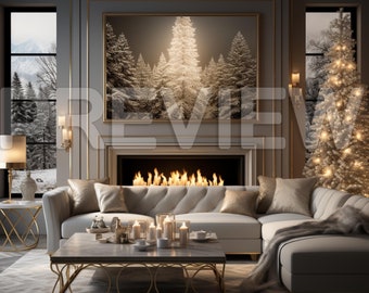 Könnte beinhalten: Ein weißes Ecksofa mit goldenen Kissen steht vor einem Kamin mit einem knisternden Feuer. Über dem Kamin hängt ein gerahmtes Bild eines verschneiten Waldes. Ein weißer Weihnachtsbaum mit weißen Lichtern steht in der Ecke des Raumes.