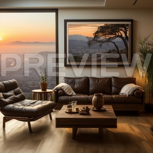 Sunset in Istanbul Digital Wall Art Frame Mockup. Beautiful Sunset in Istanbul as a backdrop. Rooms are decorated with luxury yet cozy furnitures. Outstanding sunset view boosts the effect of your digital art. This mockup is perfect for you!