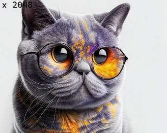 Fondo blanco gris británico de pelo corto con gafas de colores Póster digital para la decoración del hogar