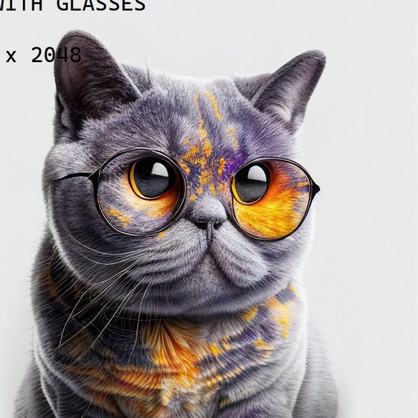White Background Gray British Shorthair with Colorful Glasses Digital Poster for Home Decor