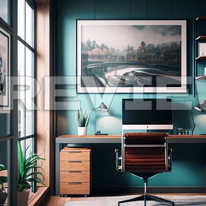 May include: A teal home office with a desk, chair, and shelves. The desk has a computer monitor, a lamp, and a potted plant. The shelves are filled with books and other items. There is a large framed print on the wall behind the desk.