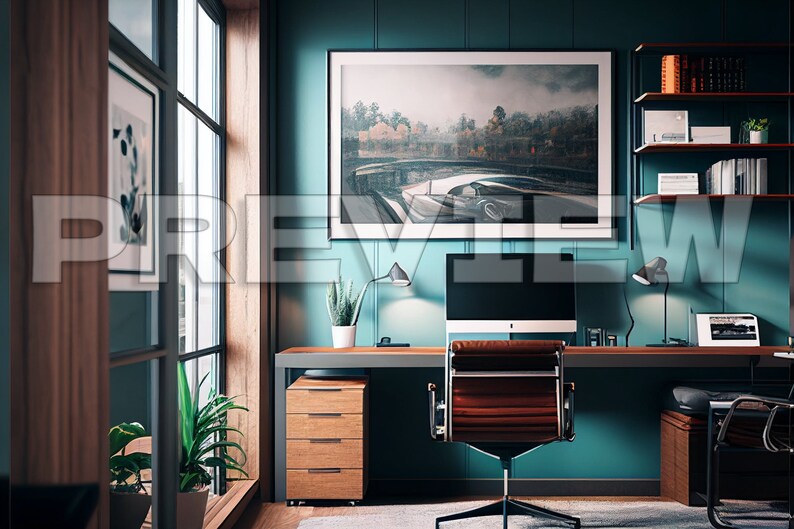 May include: A teal home office with a desk, chair, and shelves. The desk has a computer monitor, a lamp, and a potted plant. The shelves are filled with books and other items. There is a large framed print on the wall behind the desk.