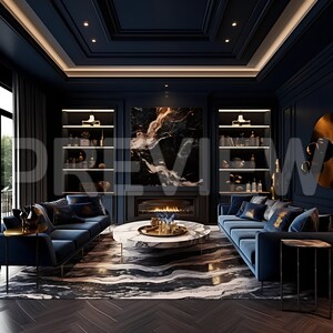 Pode incluir: Uma sala de estar azul escura com uma lareira, dois sof&aacute;s de veludo azul, uma mesa de centro de m&aacute;rmore e um tapete com padr&atilde;o preto e branco. A sala tem um design moderno com detalhes dourados.