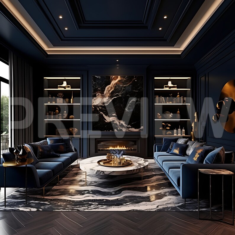 Pode incluir: Uma sala de estar azul escura com uma lareira, dois sof&aacute;s de veludo azul, uma mesa de centro de m&aacute;rmore e um tapete com padr&atilde;o preto e branco. A sala tem um design moderno com detalhes dourados.