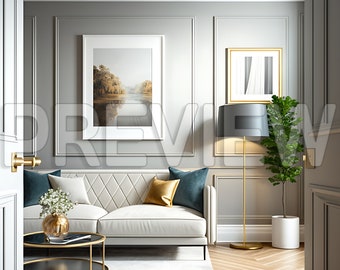 Könnte beinhalten: Ein weißes Sofa mit goldenen und türkisfarbenen Kissen steht in einem Wohnzimmer mit einer goldenen Stehlampe, einer Topfpflanze und zwei gerahmten Bildern an der Wand. Der Raum hat graue Wände und weiße Leisten.