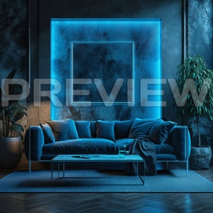 10 Luxury Blue Neon Living Room Frame Mock Ups / Modern Style Gamer Mock Up / Frame Mock up Bundle / Stock / Template Frame Art / PSD image 8