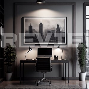 May include: A modern home office with a black desk, a computer, two desk lamps, a black and white cityscape print, a potted plant, and a window with a view of a city.