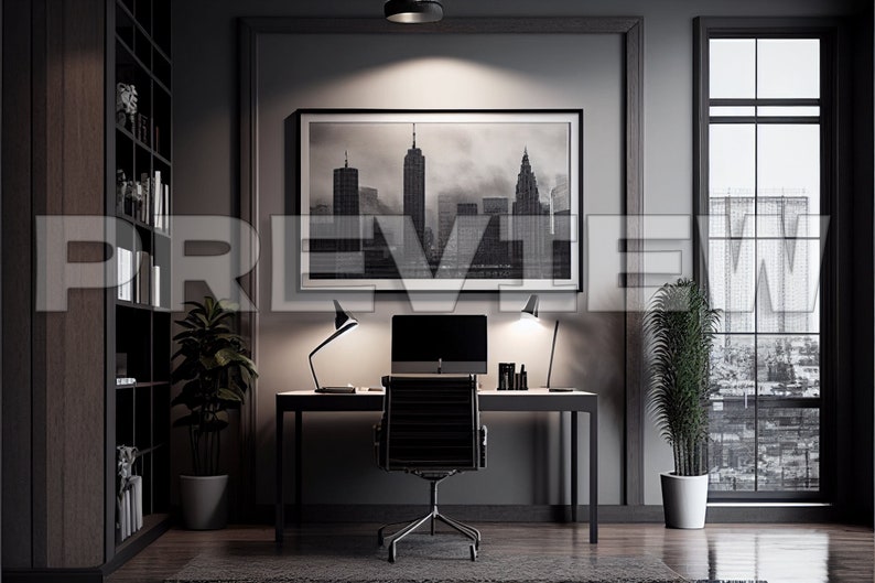 May include: A modern home office with a black desk, a computer, two desk lamps, a black and white cityscape print, a potted plant, and a window with a view of a city.