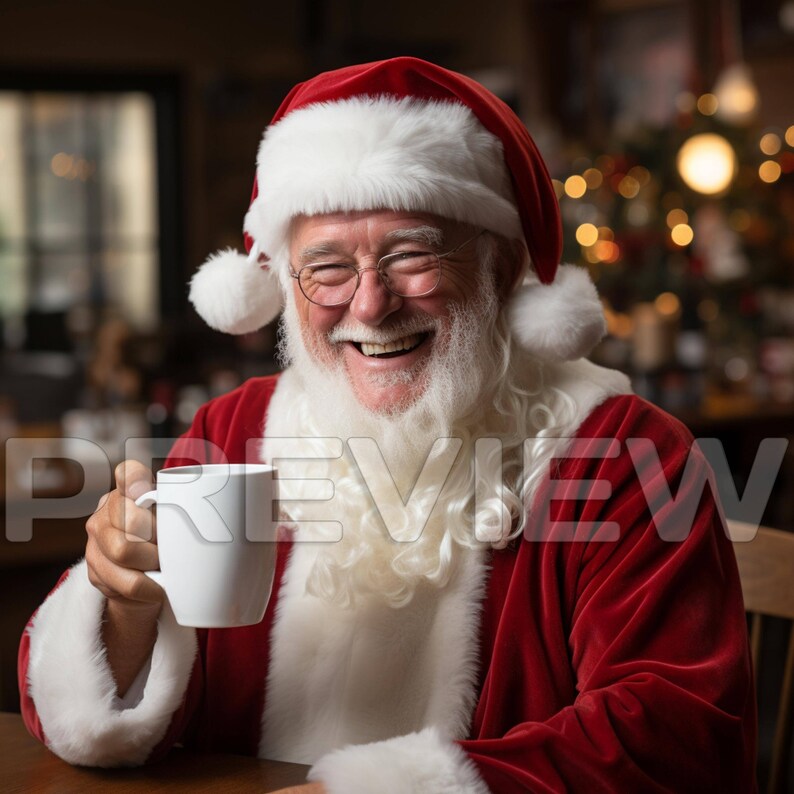 May include: Santa Claus wearing a red suit and white beard, smiling and holding a white mug. He is sitting in front of a Christmas tree with lights.