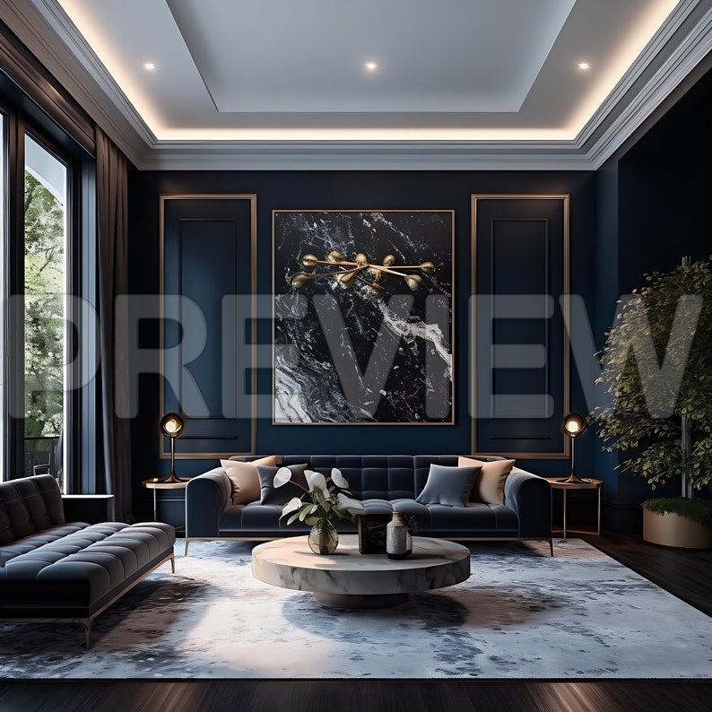 Pode incluir: Uma sala de estar azul escura com uma obra de arte de m&aacute;rmore preto e branco pendurada na parede. A sala possui um sof&aacute; azul escuro, uma mesa de centro e um tapete. H&aacute; duas l&acirc;mpadas em mesas laterais e uma planta em vaso no canto.