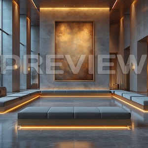 May include: A modern lobby with a large, abstract painting on the wall, a gray tiled floor, and a long, gray, rectangular bench with a gold trim and a warm, yellow light underneath.