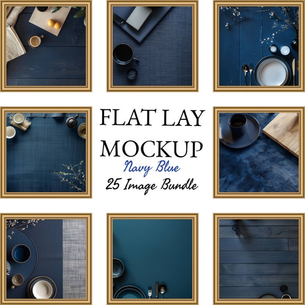 25 x Navy Blue Table Flat Lay Mockup Bundle Add Your Products | Digital Background Mock up | Styled Stock Photography Scene Creator Mockups