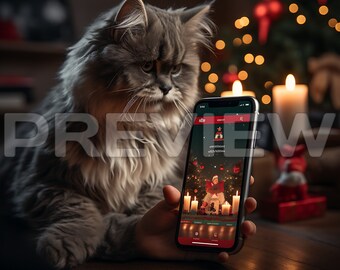 iPhone Mockup with Cat in Christmas Theme - Smart Phone Mockup with Pet - Digital Device Mockup in Christmas with a Cat - Template - PSD