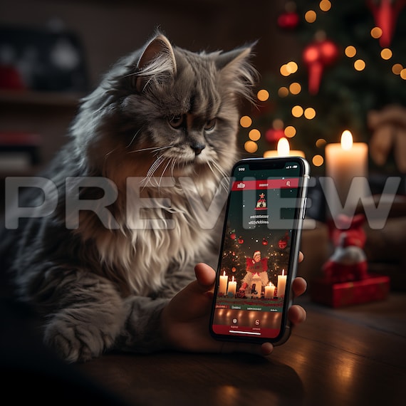iPhone Mockup with Cat in Christmas Theme - Smart Phone Mockup with Pet - Digital Device Mockup in Christmas with a Cat - Template - PSD