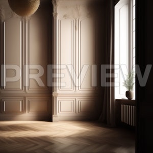 Pode incluir: Uma sala com paredes brancas e uma grande janela. As paredes têm molduras decorativas e o chão é de madeira.