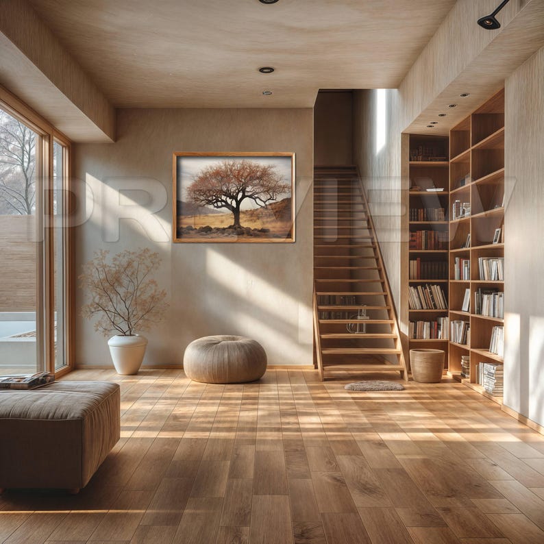 May include: A light wood framed picture of a tree in a field with a brown, wooden floor and a wooden staircase in the background.