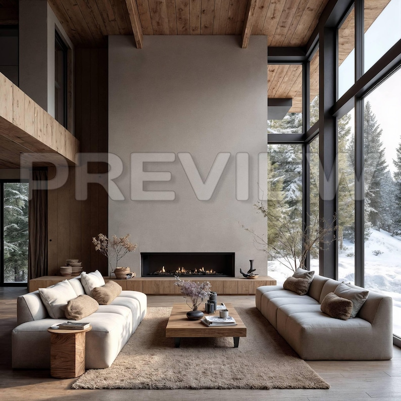 May include: A modern living room with a neutral color palette. Two off-white sofas face each other, with a wooden coffee table and a fireplace. Large windows offer a view of a snowy landscape. The room has wooden accents and a neutral rug.