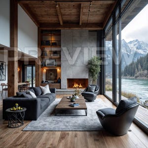 May include: A modern living room with a fireplace, a gray sofa, and two armchairs. The room has large windows with a view of a river and mountains. The ceiling is made of wood, and the floor is hardwood.