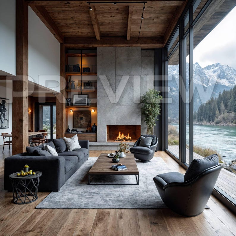 May include: A modern living room with a fireplace, a gray sofa, and two armchairs. The room has large windows with a view of a river and mountains. The ceiling is made of wood, and the floor is hardwood.