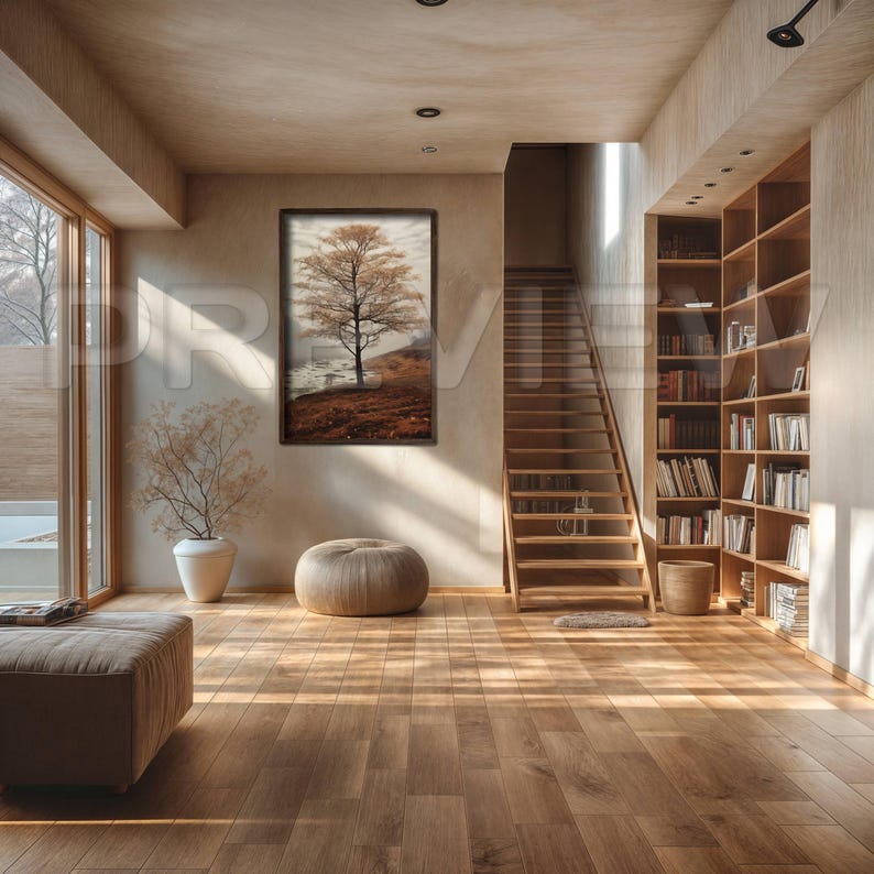 May include: A modern living room with a wooden staircase, a bookshelf filled with books, and a large framed print of a tree on the wall. The room has a light and airy feel with natural light streaming in from the windows.