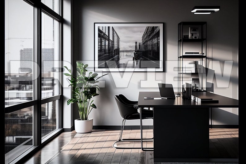 May include: A modern office space with a black desk, two chairs, a potted plant, and a black and white photograph of a city street hanging on the wall. The office has large windows with a view of a city skyline.
