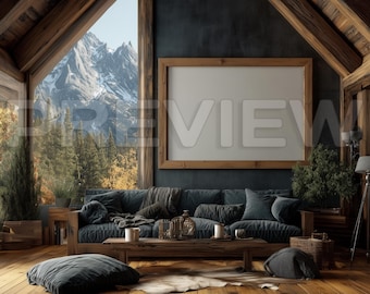15 Mockup-Bilder für Wohnzimmer in Berghütten (horizontal) / Stilvolle Stockfotos / PSD