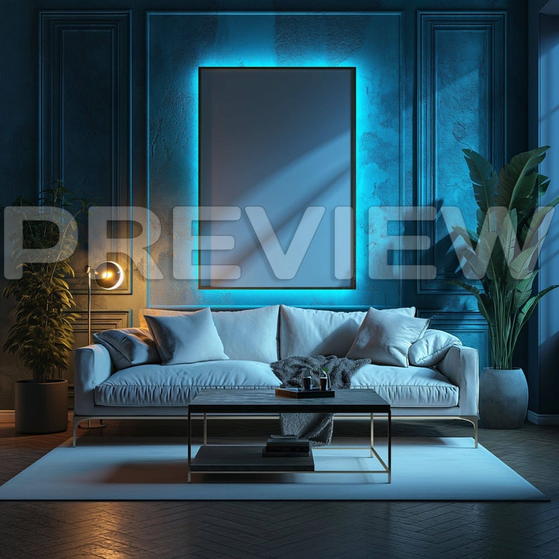 Luxury Blue Neon Living Room Frame Mockup PSD Files