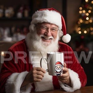 May include: Santa Claus wearing a red suit and a white hat, smiling and holding a white mug with a cartoon Santa Claus design.
