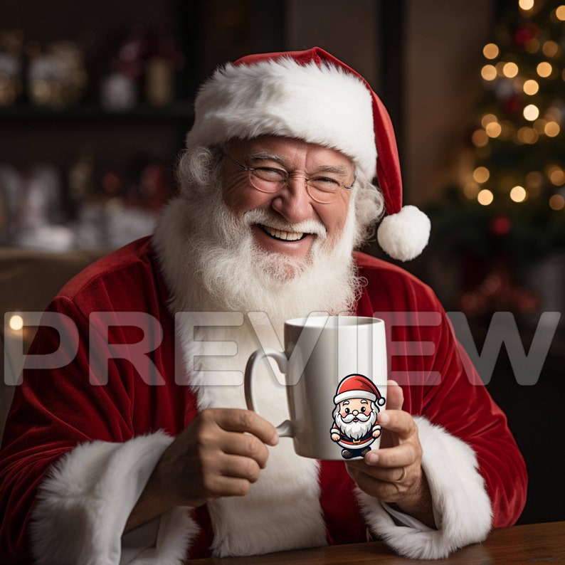 May include: Santa Claus wearing a red suit and a white hat, smiling and holding a white mug with a cartoon Santa Claus design.