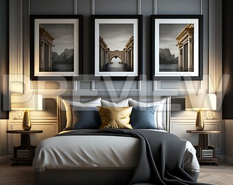 Könnte beinhalten: Ein Schlafzimmer-Interieur mit einem großen Bett mit einer weißen Bettdecke und einer schwarzen Tagesdecke. Über dem Bett hängen drei gerahmte Schwarzweißfotos, die jeweils einen Torbogen mit einem Gewässer im Hintergrund zeigen. Es gibt zwei Nachttische mit Lampen und Büchern.