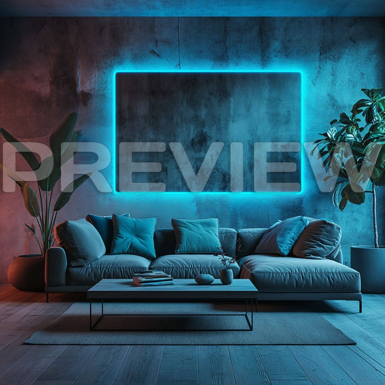 10 Luxury Blue Neon Living Room Frame Mock Ups / Modern Style Gamer Mock Up / Frame Mock up Bundle / Stock / Template Frame Art / PSD image 2