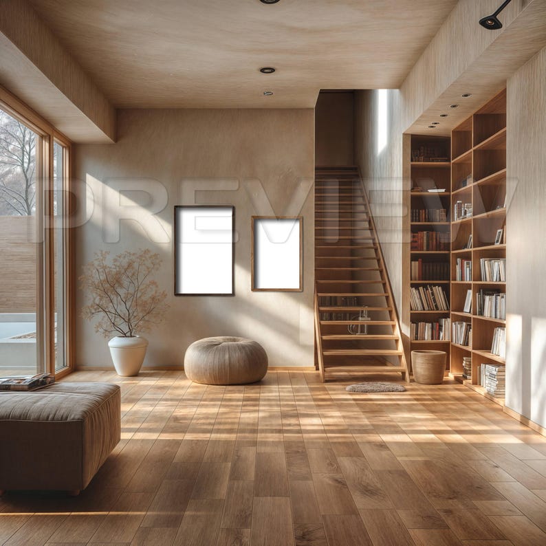 May include: A modern living room with a wooden staircase, a large window, a brown leather ottoman, and two empty picture frames on the wall.